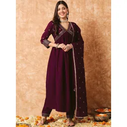 SDK FASHION Women Ethnic Motifs Embroidered Panelled Thread Work Kurta with Trousers & With Dupatta-image-12