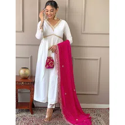 SDK FASHION Women Leheriya Embroidered Empire Gotta Patti Chanderi Silk Kurta with Trousers & With Dupatta-image-19