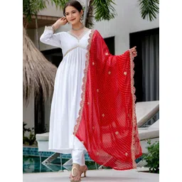 SDK FASHION Women Leheriya Empire Sequinned Chanderi Silk Kurta with Trousers & With Dupatta-image-9