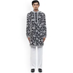 SDS By Kushal Shah Floral Embroidered Mandarin Collar Silk Straight Kurta & Trousers-picture-12