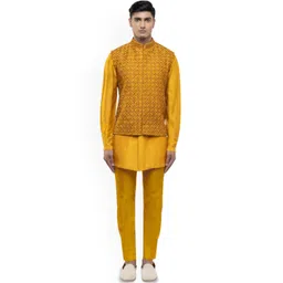 SDS By Kushal Shah Mandarin Collar Silk Straight Kurta With Trousers & Nehru Jacket-picture-12