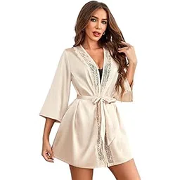 Secret Glow Lingerie for Women Satin Sleeping Robe (Brown) | Eyelash Lace Kimono with Side Split | Sexy Silk Nightwear Robe for Honeymoon & Bridal Night-picture-43