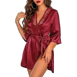 secret glow Lingerie for Women Satin Sleeping Robe (Maroon) | Eyelash Lace Kimono with Side Split | Sexy Silk Nightwear Robe for Honeymoon & Bridal Night-picture-55