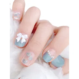 Secret Lives 24 Pcs 3D Bow & Pearls False Nails with Manicure Kit - Bluish Grey-picture-22
