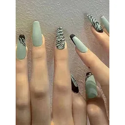 Secret Lives 24 Pcs Long Matte Ceramic Design False Nails - Black & Green-picture-16