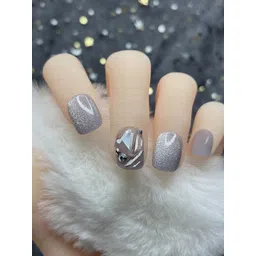 Secret Lives 24 Pcs Short Square 3D Crystals Cats Eye Fake Nails - Grey-picture-17