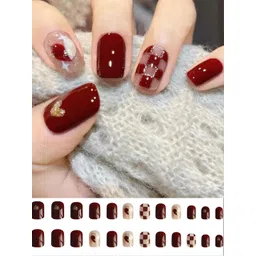 Secret Lives 24 Pieces of Red Check Nail Tips - Maroon & Off-White-picture-25