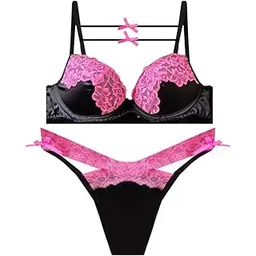 secret lives Pink & Black Padded Push up Bra Panty Lingerie Set for Women-picture-25