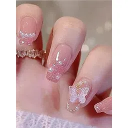 Secret Lives® acrylic translucent press on nails artifical designer 3D white bow & pearl with pink glitter color nails extension 24 pieces combo set with kit beautiful fake false nails-picture-33