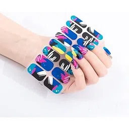 Secret Lives® nail sticker set -blue combo with black yellow white pink color design - includes: nail file, prep pad, & cuticle stick-picture-23