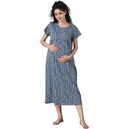 secret wish Blue Printed Hosiery Maternity Nighty | Nursing Nightwear | Easy For Breastfeeding | Pregnancy Night Gown | Pre and Post Pregnancy | Calf Length | Round Neck | Half-Sleeves-picture-10