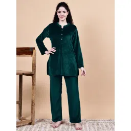 Secret Wish Bottle Green Solid Velvet Winter Night Suit-image-18
