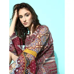 Secret Wish Brown Ethnic Print Bell Sleeves Swimwear Cover Up Dress-picture-15