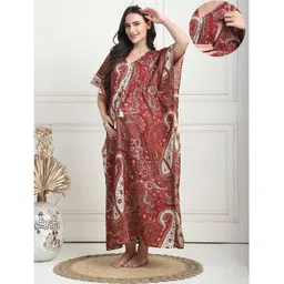 Secret Wish Cotton Woven Half Batwing Sleeves Floral & Paisley Printed Maternity Kaftan Nighty With Side Seam Nursing Acess - Maroon-picture-21