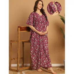 Secret Wish Cotton Woven Half Batwing Sleeves Floral Printed Maternity Nighty With Side Seam Nursing Access - Purple-picture-14