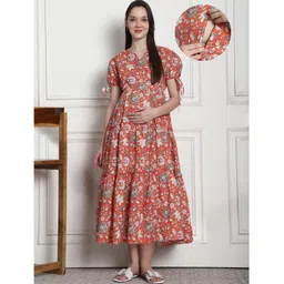 Secret Wish Cotton Woven Half Puffed Sleeves Floral Printed Tiered Maternity Dress With Side Seam Nursing Access - Orange-picture-19