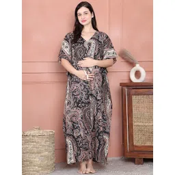 Secret Wish Ethnic Motifs Printed V-Neck Pure Cotton Maternity Maxi Kaftan Nightdress-picture-15