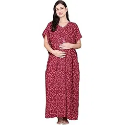 secret wish Floral Cotton Maternity Kaftan Full Length/Maxi Nighty/Free Size/Feeding/Nursing/Zipper/Tie-Up Belt-picture-13