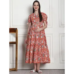 Secret Wish Floral Print Cotton Puff Sleeve Maternity Fit & Flare Midi Dress-picture-17