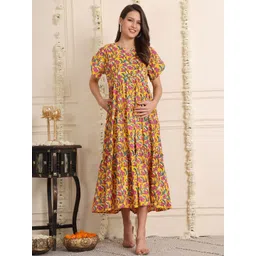 Secret Wish Floral Print Layered Maternity Fit & Flare Midi Dress-picture-19