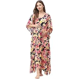 secret wish Floral Print Multi-Colour Rayon Maternity Kaftan Full Length/Maxi Nighty/Free Size/Feeding/Nursing/Zipper/Drawstring-picture-36