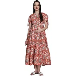 secret wish Floral Print Orange Cotton Fit & Flare Maternity Dress/Feeding/Nursing/Zipper/Slip on/Printed/Calf Length-picture-31