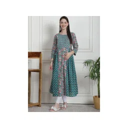Secret Wish Floral Print Teal Cotton Maternity Kurta-picture-24