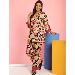 Secret Wish Floral Printed Band Collar Top With Trousers Co-Ords-picture-27