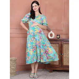 Secret Wish Floral Printed Puff Sleeves Crinkle Tiered Maternity Fit & Flare Midi Dress-image-34