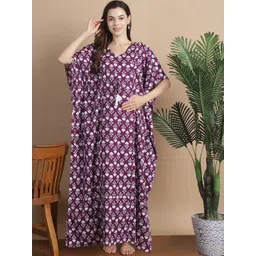 Secret Wish Floral Printed V-Neck Pure Cotton Maternity Kaftan Nightdress-picture-30
