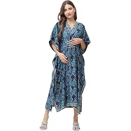 secret wish Geometric Print Chanderi Silk Maternity Kaftan Dress Calf Length/Feeding/Nursing/Zipper/Elasticated Waist/Printed-picture-12