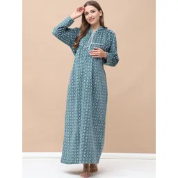 Secret Wish Geometric Print Green Woolen Maternity Nighty Full Length with Hoodie-picture-21