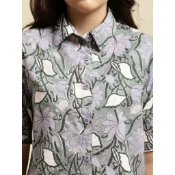 Secret Wish Green & Light Purple Floral Print Shirt With Shorts image 4