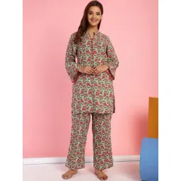 Secret Wish Green Cotton Printed Tunic & Pyjamas Set-image-9