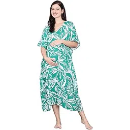 Secret Wish Green Floral Rayon Maternity Kaftan Calf Length/Short Sleeve/Printed/Feeding/Nursing/Soft Fabric/Zipper/Pre and Post Pregnancy/Adjustable Belt-picture-49