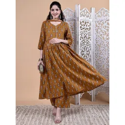 Secret Wish Mustard Ikkat Floral Print Cotton Maternity Kurta with Pant & Dupatta-picture-36