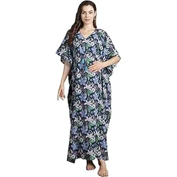 secret wish Navy Blue Floral Cotton Maternity Kaftan/Free Size/Feeding/Nursing/Zipper/Drawstring/Printed/Full Length-picture-40