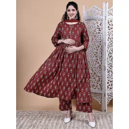 Secret Wish Rust Ikkat Floral Print Cotton Maternity Kurta with Pant & Dupatta-picture-37