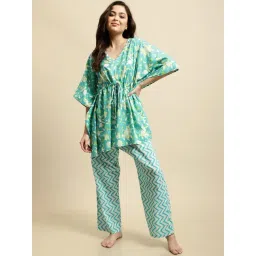 Secret Wish Turquoise Floral Print Kaftan Top With Pyjamas-picture-35