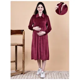 Secret Wish Velvet Woven Full Sleeves Solid Maternity Dress With Front Open Nursing Access - Maroon-picture-32