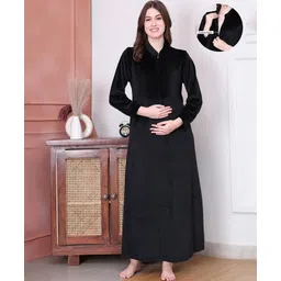 Secret Wish Velvet Woven Full Sleeves Solid Maternity Nighty With Centre Front Access - Black-picture-25