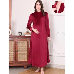 Secret Wish Velvet Woven Full Sleeves Solid Maternity Nighty With Centre Front Access - Maroon-picture-33
