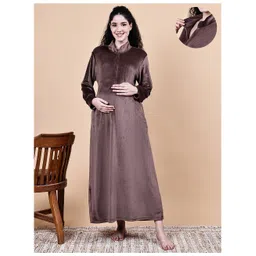 Secret Wish Velvet Woven Full Sleeves Solid Nighty With Front Zipper Nursing Access - Brown-picture-22