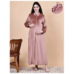 Secret Wish Velvet Woven Full Sleeves Solid Nighty With Front Zipper Nursing Access - Pink-picture-12