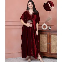 Secret Wish Velvet Woven Half Batwing Sleeves Lace Embellished Side Zipper Access Maternity Kaftan Dress - Maroon-picture-34