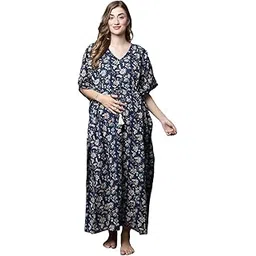 secret wish Women Cotton Navy Blue Floral Maternity Maxi Kaftan-picture-23