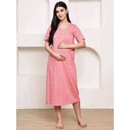 Secret Wish Women Floral Printed Round Neck Maternity Midi Nightdress-picture-40
