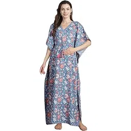 secret wish Women Light Blue Floral Cotton Maternity Kaftan/Free Size/Feeding/Nursing/Zipper/Drawstring/Printed/Full Length-picture-39
