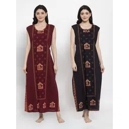 Secret Wish Women Pack Of 2 Brown & Black Printed Maxi Nightdress-picture-37