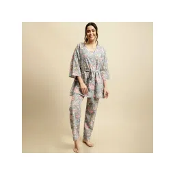 Secret Wish Womens Grey & Pink Jaipuri Floral Block Print 3 Piece Night Suit (Set of 4)-picture-12